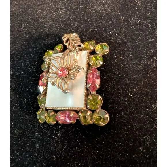 Vintage Pink Green Rhinestone Brooch Pendant Filigree Flower Mother of Pearl - Picture 8 of 14